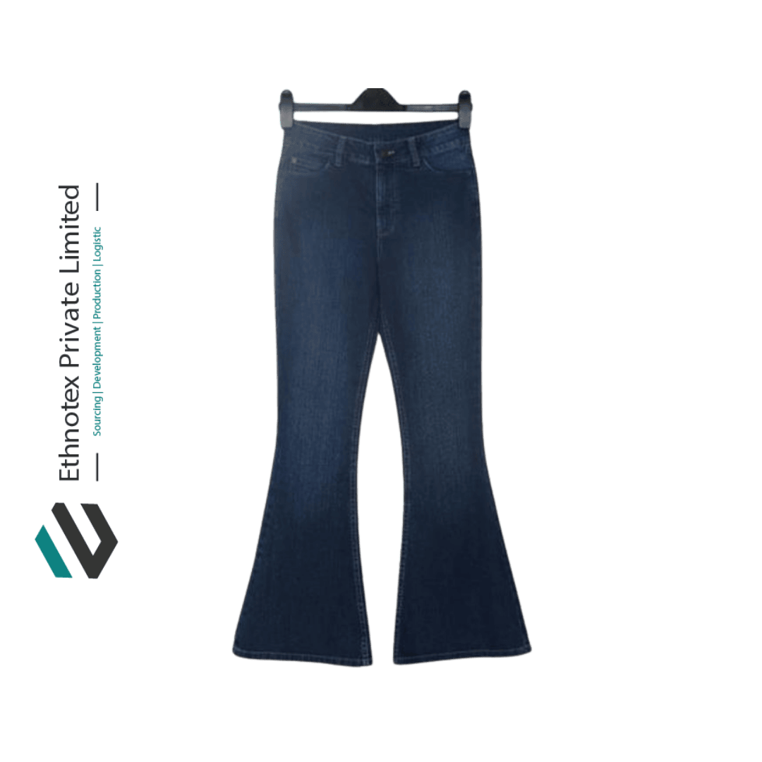 A pair of dark blue high-waisted flare jeans hanging on a black hanger against a white background. The jeans feature front pockets, belt loops, a structured waistband, and a wide-leg flare design.