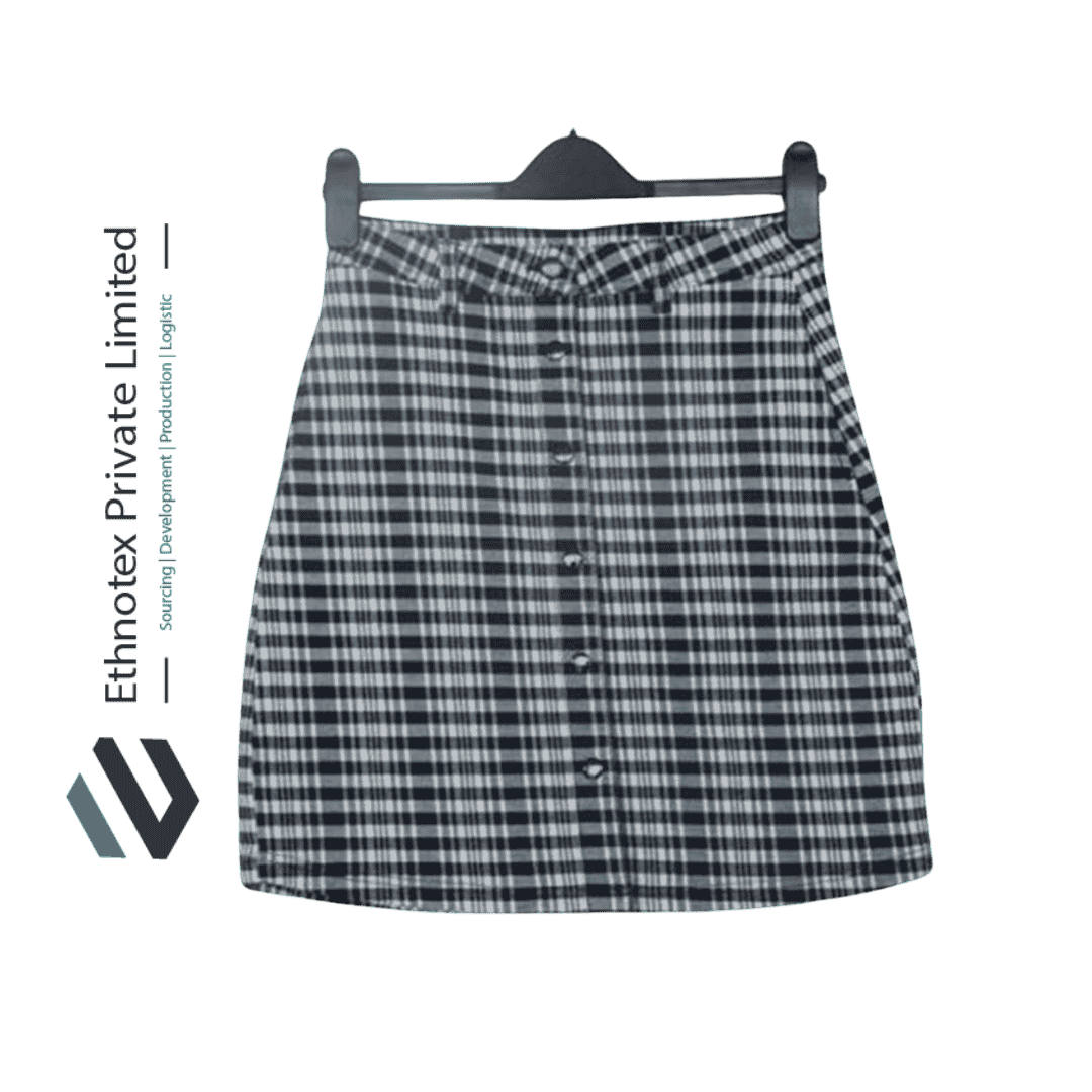 A classic button-front skirt displayed on a hanger, crafted from a textured woven fabric with subtle stitching details.